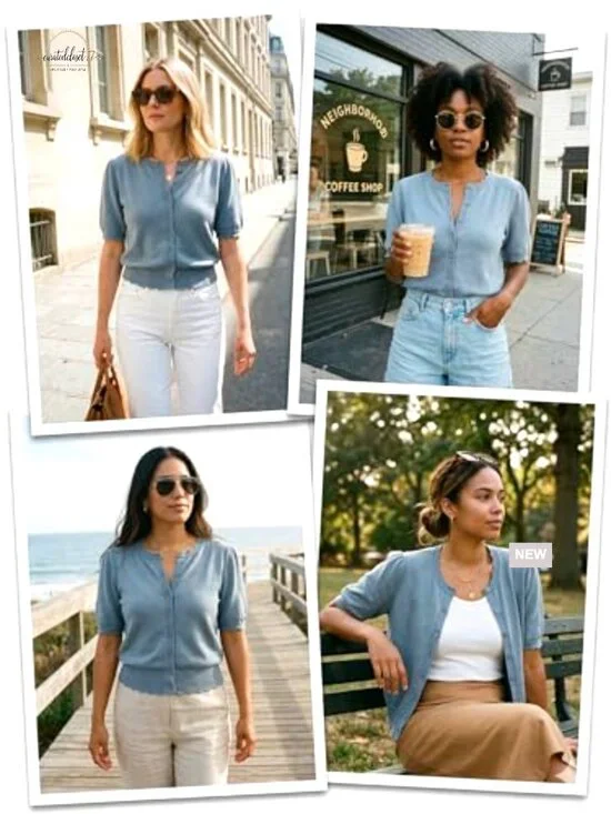 Short Sleeve Cardigan Puff Sleeves Scalloped Crewneck Button Up Lightweight - Picture 5 of 7